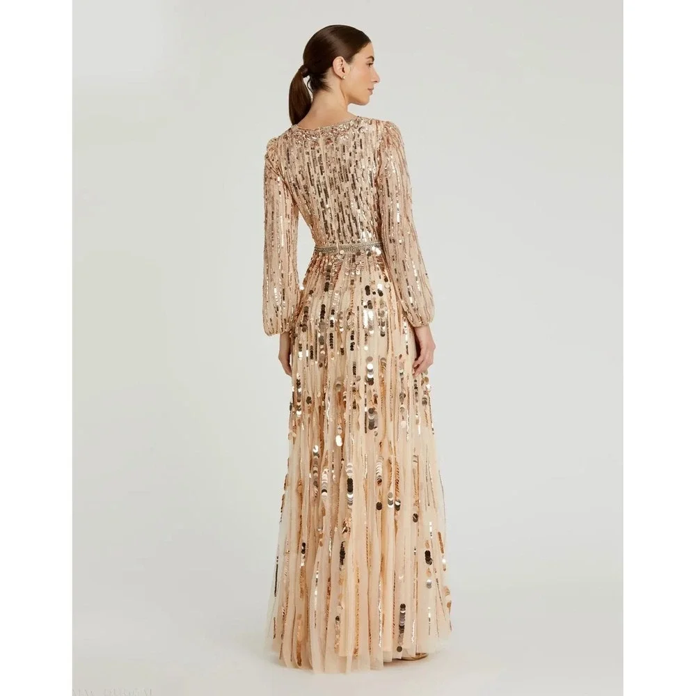 NWT Mac Duggal Beige Embellished Mesh Long Sleeve V Neck Gown $698 - Size 16